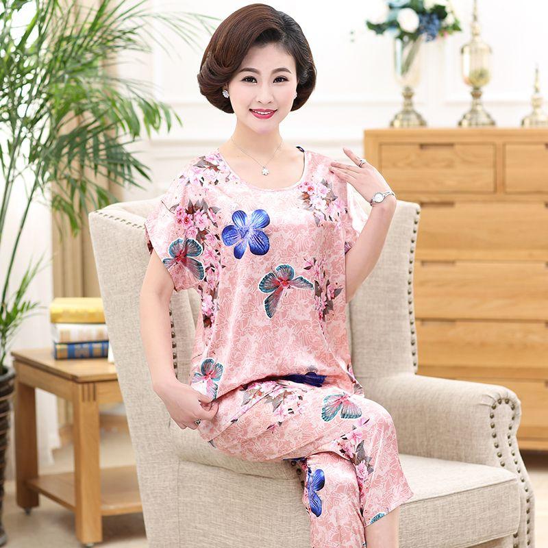 Đồ Ngủ Cho Mẹ TRUNG NIÊN, Đồ Mặc Nhà Mùa Hè, Chất Liệu Lụa Nhân Tạo, ngắn Tay, Dáng Rộng Vừa Vặn, Ngoại Cỡ, Thích Hợp Cho Phụ Nữ Trung Người Già Và Cao Tuổi, Làm Bằng Lụa Lạnh 3