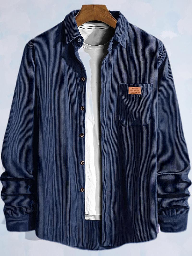 Product Introduction of Men's Plain Letter Patched Corduroy Jacket without Tee, Casual Button Front Pocket Jacket for Fall & Winter, Men's Outerwear for Daily Wear, Coat 5