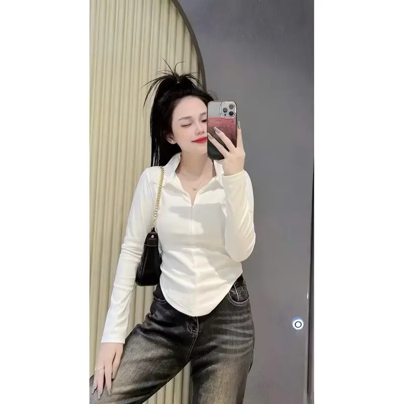 Áo thun ôm body nữ Tay Dài cổ bẻ phối khoá  kéo Women 1