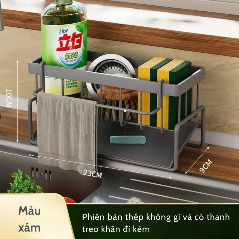 Giá để đồ rửa chén bát kèm thanh treo khăn chất liệu thép không gỉ có khay hứng nước Kitchen 7