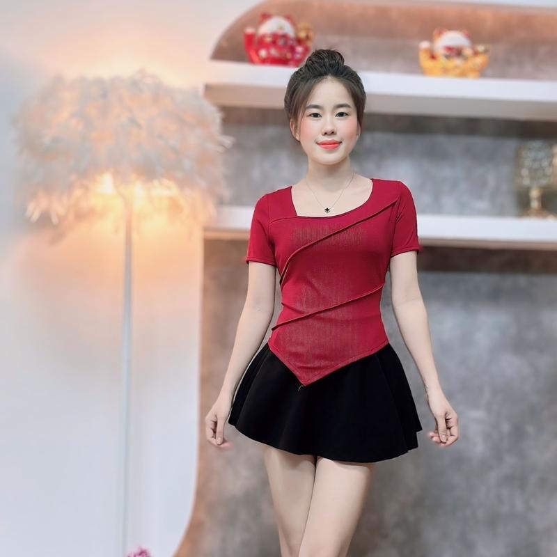 Áo Thun Vạt Nhọn Tôn Eo Che Bụng Mặc Gọn Dáng Chất Thun Tăm Lạnh QC Co Giãn Mềm Mát Mùa Hè Nhung Nữ Top Jean Women Đen Voi