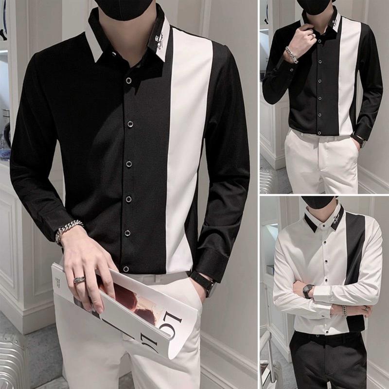 Áo sơ mi nam dài tay phối màu thêu chữ cổ áo sang trọng, chất vải lụa cotton dày dặn, fom slimfit cổ bẻ 2 màu đen trắng mẫu mới cao cấp-NGỌC DUYÊN STORE Menswear Shirt Có Cổ