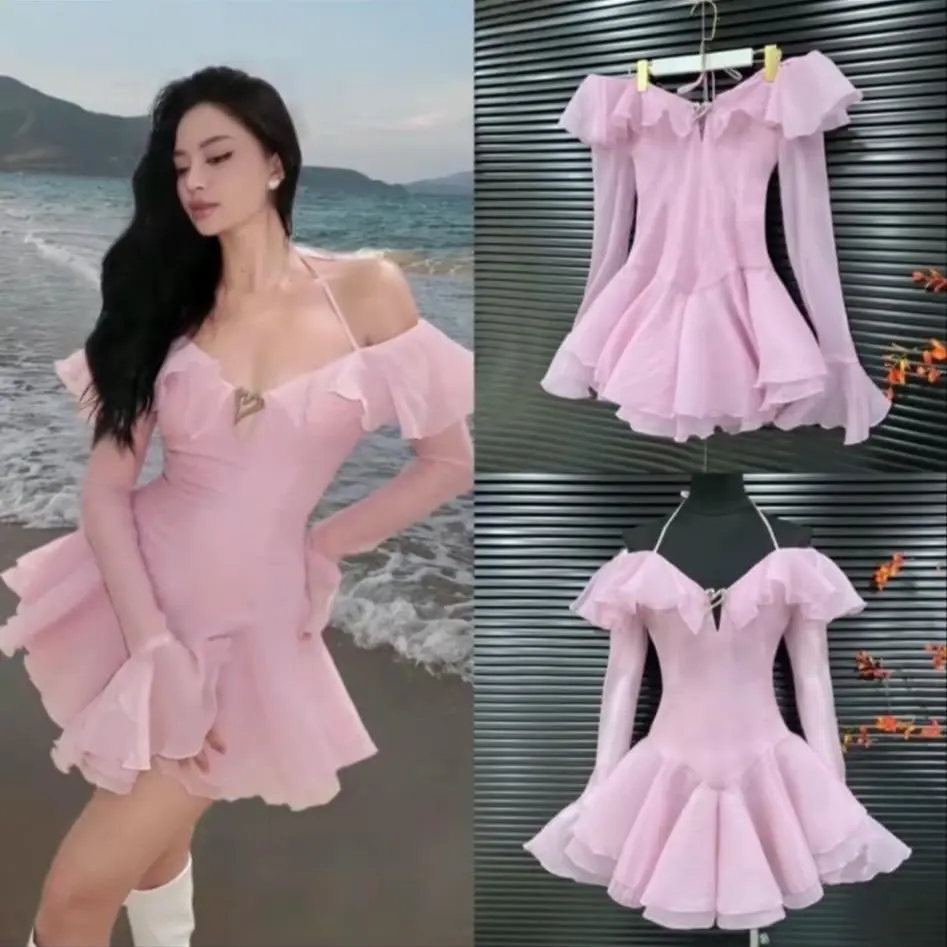đầm nữ trễ vai tay loe chất tơ xốp có lót quần dự tiệc  sang trọng