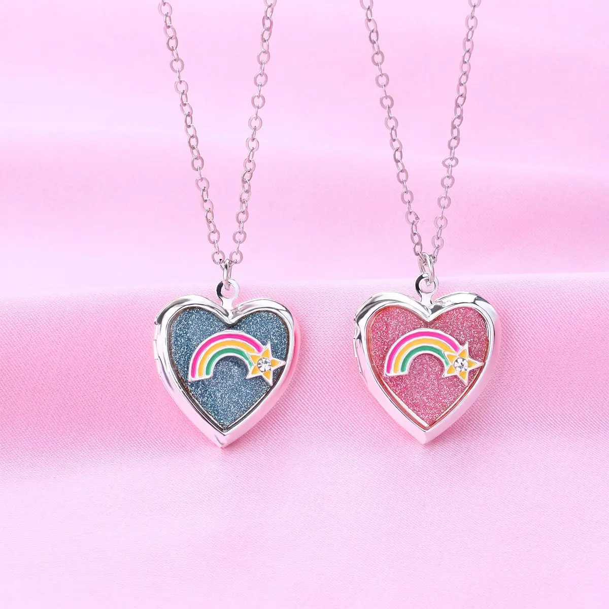Besties Necklace Couple Necklace Hot Sale Rainbow Photo Box Necklace Heart Pendant Can Be Opened Photo Fashion Sweet Student Girlfriends Couple Gift