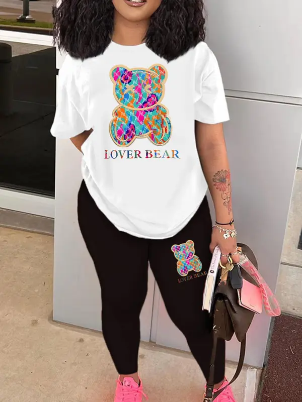 Women's Cartoon Bear Letter Print Skinny Pants Set, Summer Clothes Women, Short Sleeve T-shirt & Leggings Two Piece Set, Lady Casual Clothes for Daily Wear, Womenswear, Co Ord Set Summer 3