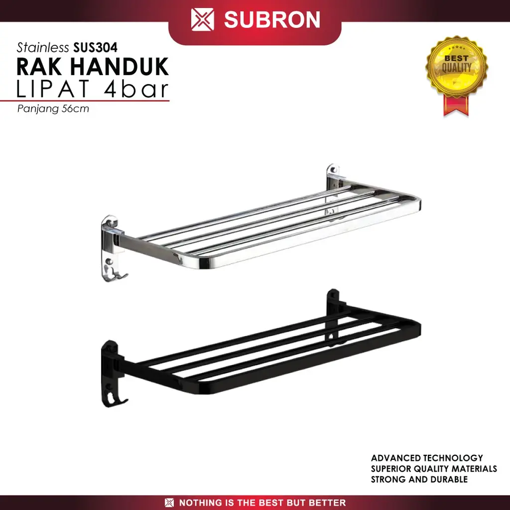 SUBRON Sus304 Rak Handuk Lipat 56cm 4 Bar Tiang Anti Karat Elegant Stainless Silver Hitam Black Doff