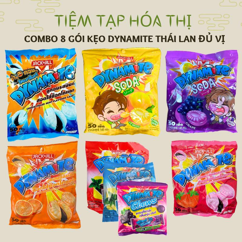  Combo 8 Gói Kẹo DYNAMITE Thái Lan Nhân Bạc Hà Socola Soda Chanh Dâu Trái Cây Candy Ăn Vặt Food Viên Kẹo Snack 
