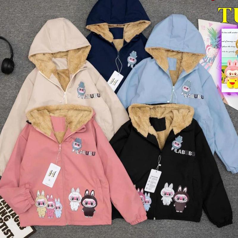 Áo khoác gió Labubu 2 lớp lót lông cừu siêu ấm cho bé trai bé gái size 10-35kg