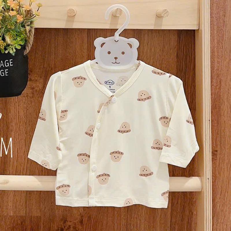 Áo sơ sinh dài tay cho bé trai bé gái 3-8kg vải petit mềm mịn mát phù hợp mùa hè thu tông màu trắng ngà in hình dễ thương _ A23 3