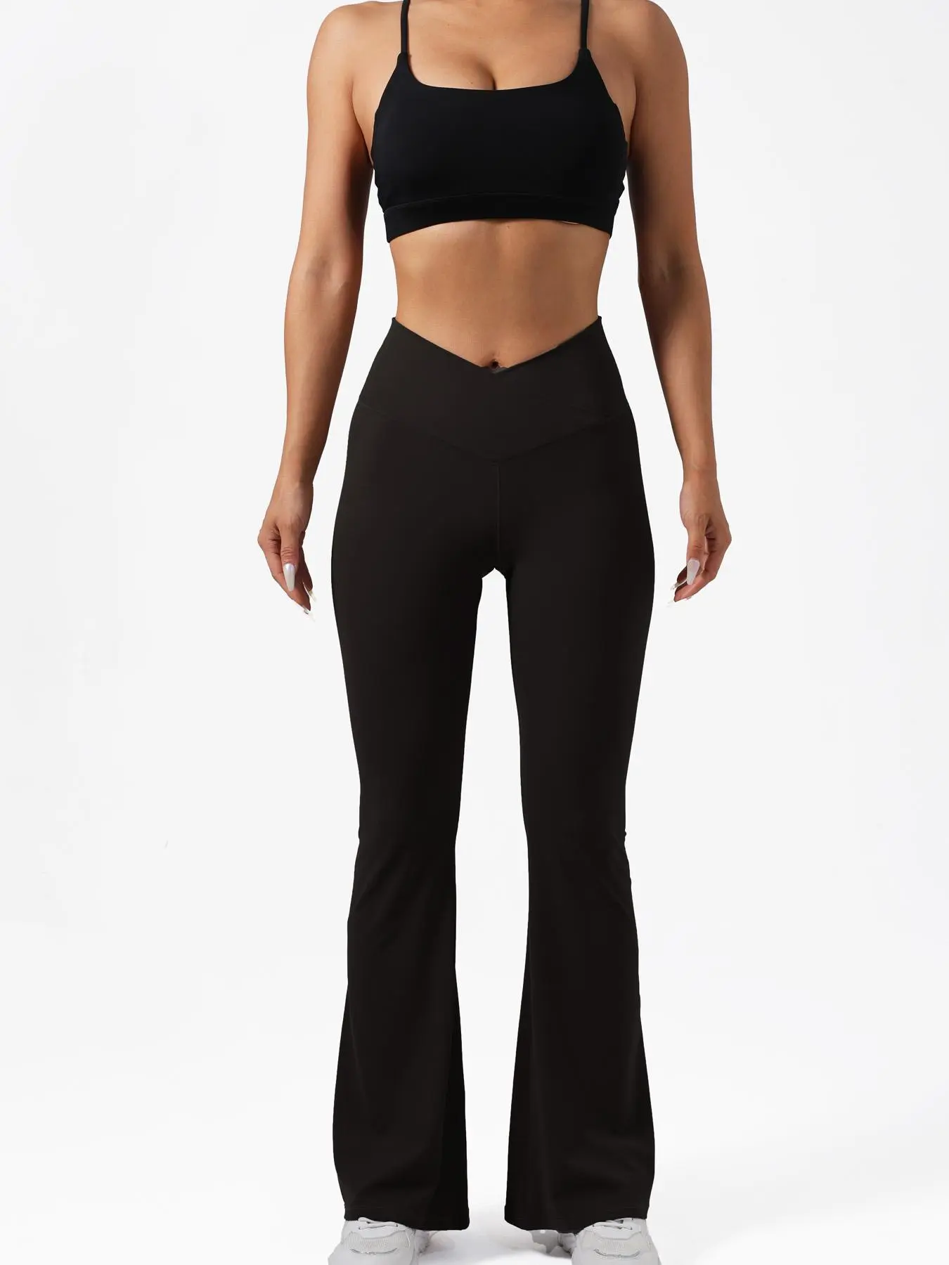 Women's Solid V Waist Flare Leg Sports Leggings, Comfy Breathable Bell Bottom Skinny Pants for Yoga Gym Workout, Ladies Sportswear for All Seasons