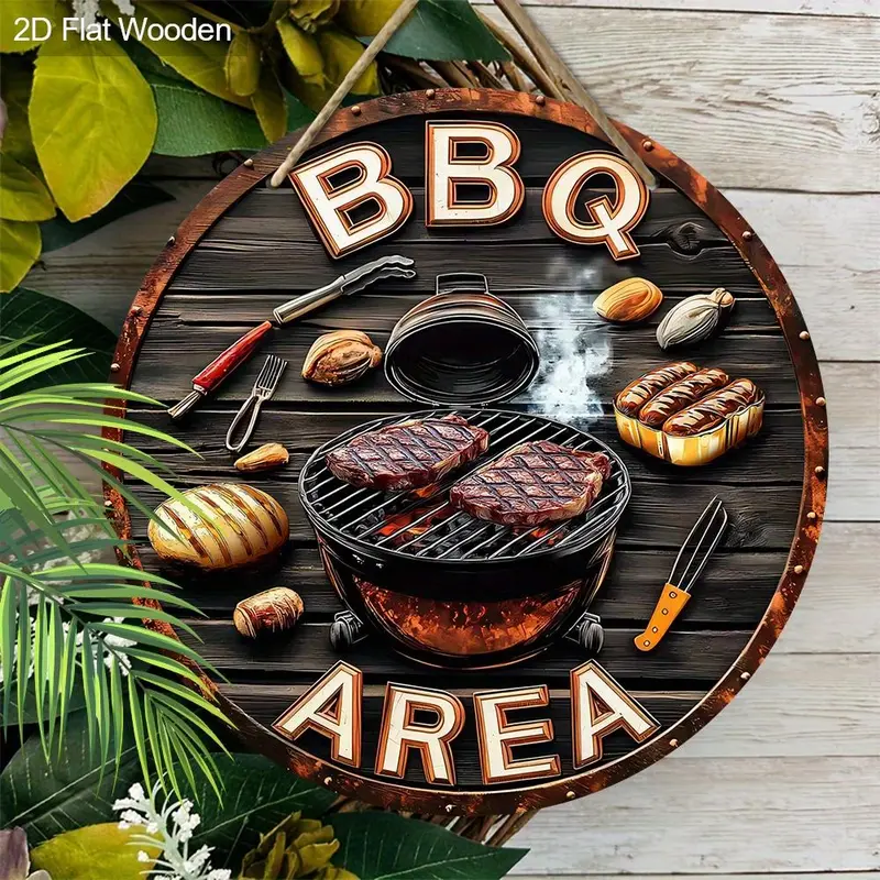 Wooden BBQ Theme Round Hanging Sign, 1 Count Creative Grill Area Hanging Ornament, Wall Decor for Home Garden Balcony Party 3