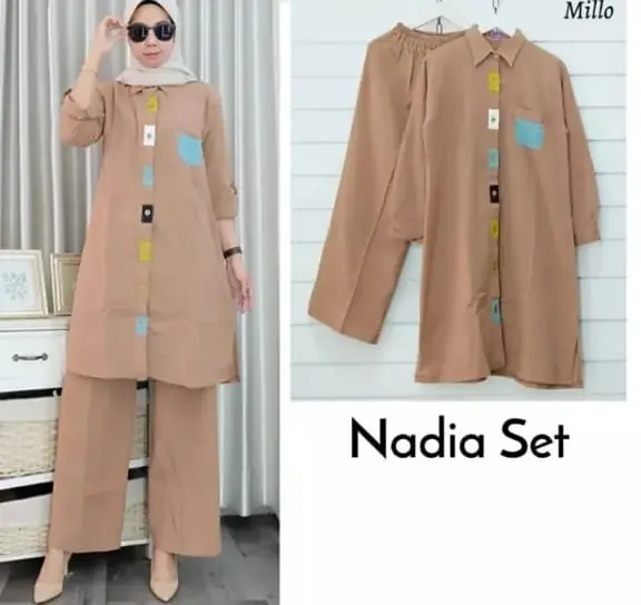 Nadia Set 2IN1 Bahan Crinkle Airflow Setelan Wanita Terbaru 2022 Lebaran Setelan Wanita Casual Viral One Set Cewek Celana Remaja Berhijab Moden Baju Atasan Blouse + Celana Panjang Import Murah Pusat Grosir Kancing Linen 0