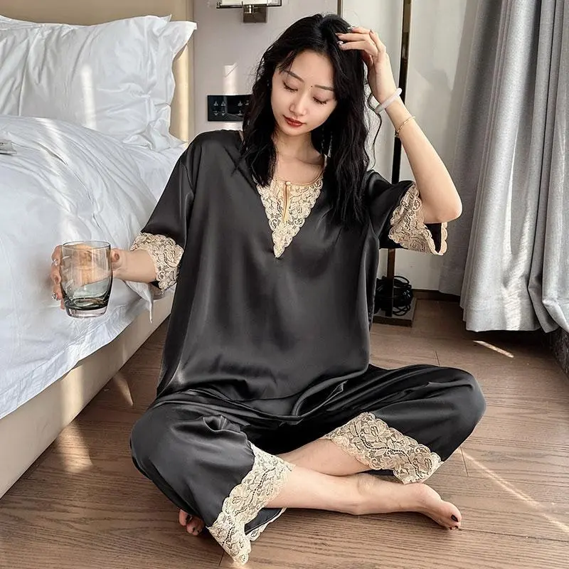 Ice Silk Pajamas Women's plus Size 150 kg Summer Thin Short-Sleeved Cropped Pants Two-Piece Set Home Wear