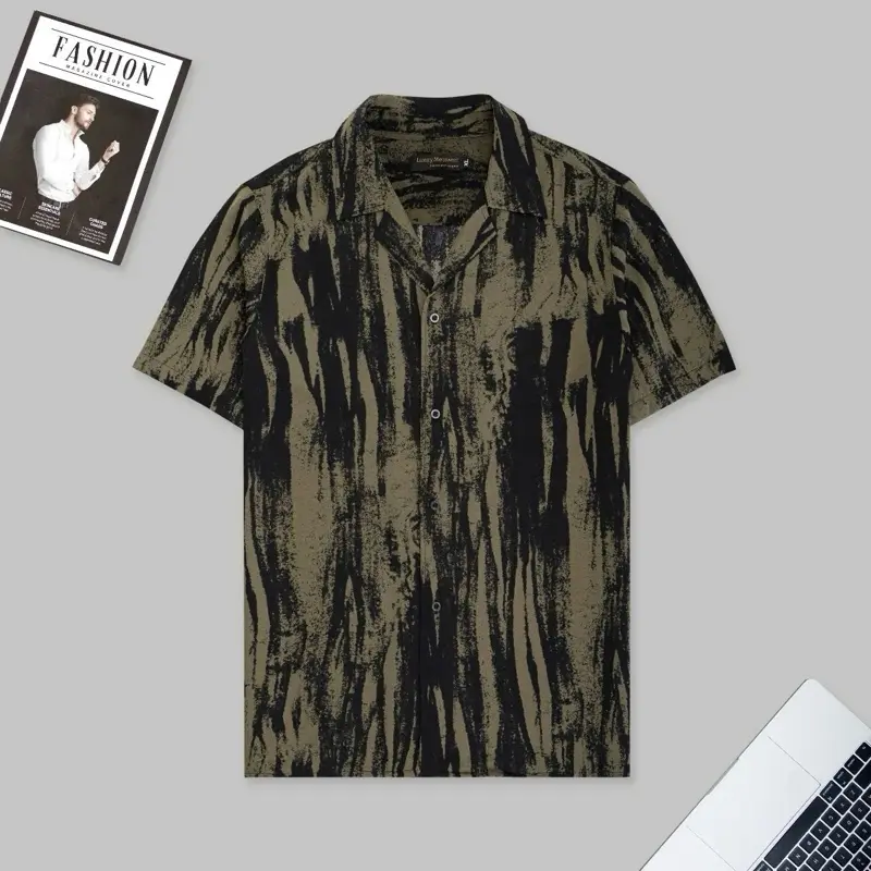 Áo Sơ Mi Shirt Ngắn Tay - Hoạ Tiết  Loang Xanh - Chất Liệu Lụa Hàn Mát Mẻ Form Rộng Menswearr 1
