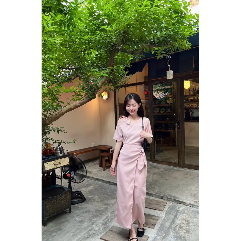 LILLIE | Set váy hồng thắt nơ vạt chéo