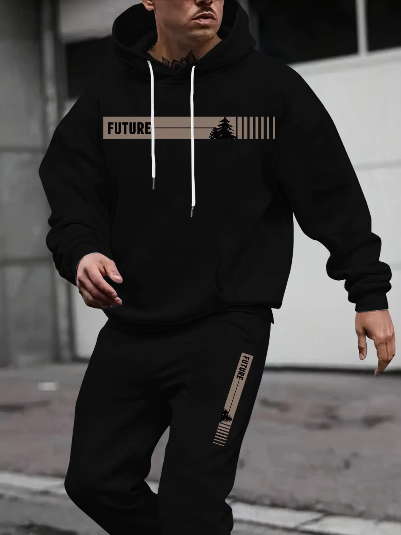 Two-piece Set Men's Tree Graphic Hoodie & Drawstring Waist Sweatpants, Cozy Regular Fit Casual Long Sleeve Hooded Sweatshirt & Pocket Jogger Pants for Fall & Winter, Men's Two-piece Matching Outfits for Daily Wear