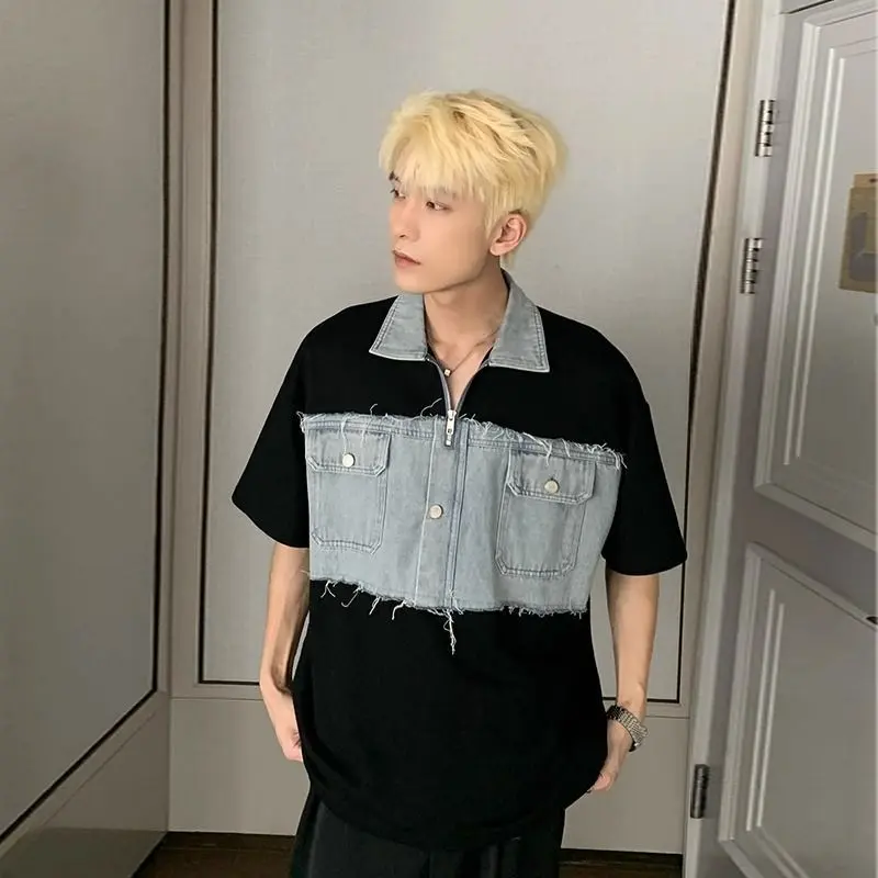 Áo Thun Phong Cách Hồng Kông Ins Thiết Kế Khâu Denim Cổ Điển Thương Hiệu Thời Trang Dáng Rộng Mùa Hè Cho Nam, Áo Polo Giả Hai Lớp 3