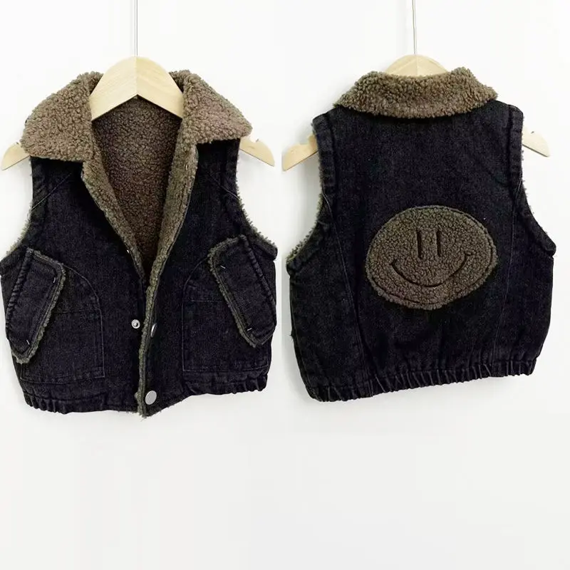 Áo Ghi Lê Denim Cho Trẻ Em, Lót Lông Cừu, Phong Cách Hàn Quốc, Thích Hợp Cho Bé Trai Và Bé Gái, Trẻ Nhỏ Và Trẻ Lớn Hơn, Thời Trang Cho Em Bé, Có Thể Mặc Ngoài Trời, Bộ Sưu Tập Thu Đông 2023, Áo Ghi Lê
