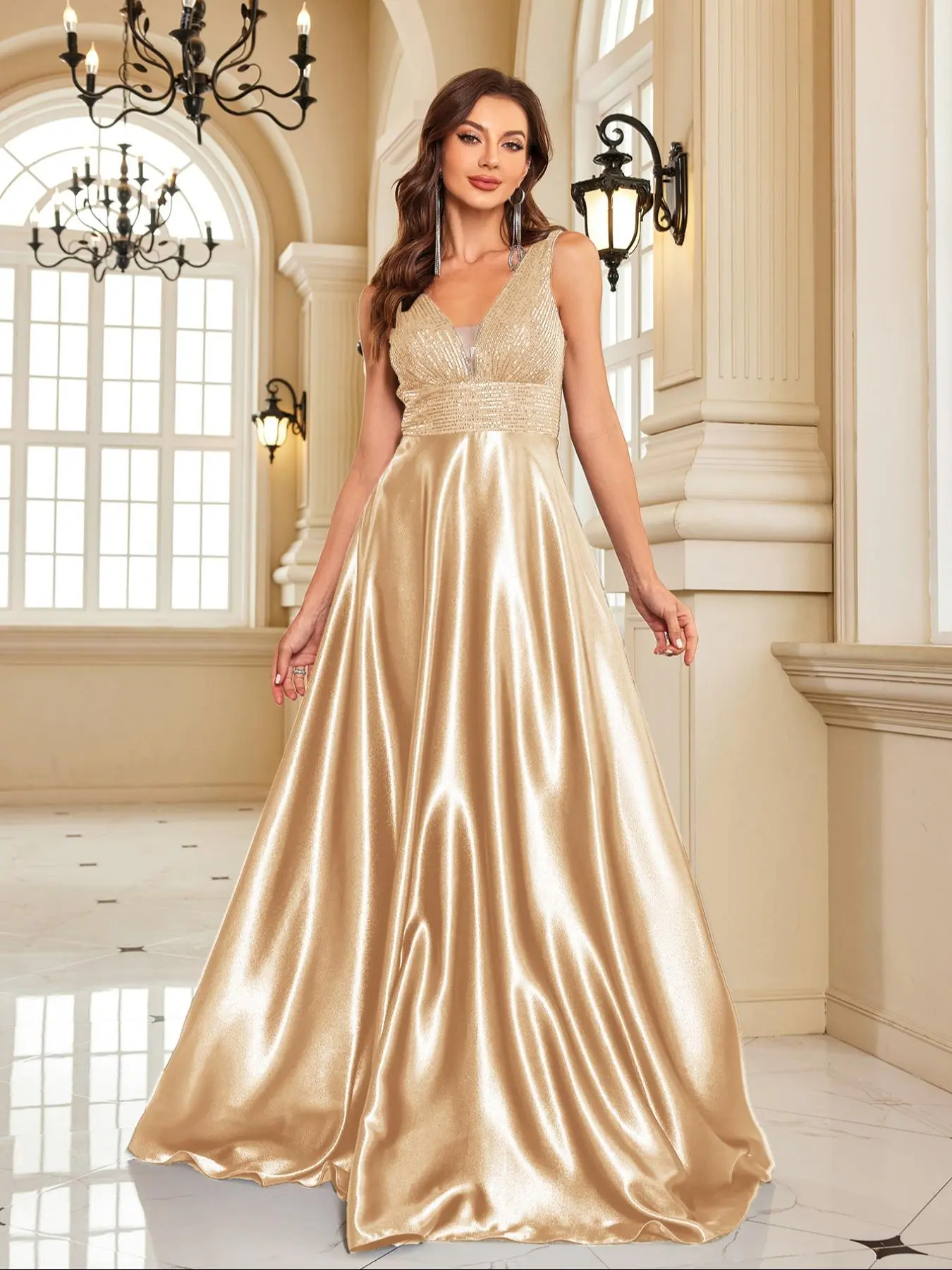 Women's Plain Backless Zipper Back Contrast Sequin Evening Dress, Elegant Deep V Neck Sleeveless Maxi Dress for Party & Banquet, Ladies Summer Clothes, Beautiful Gown