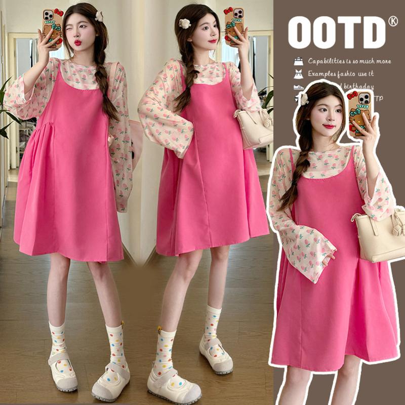 Young Mom Yếm bầu đầm babydoll Y543 màu hồng xinh xắn kiểu dáng trẻ trung Thai sản Thoải mái Set yếm ngắn + Áo tay ngắn cho mẹ bầu