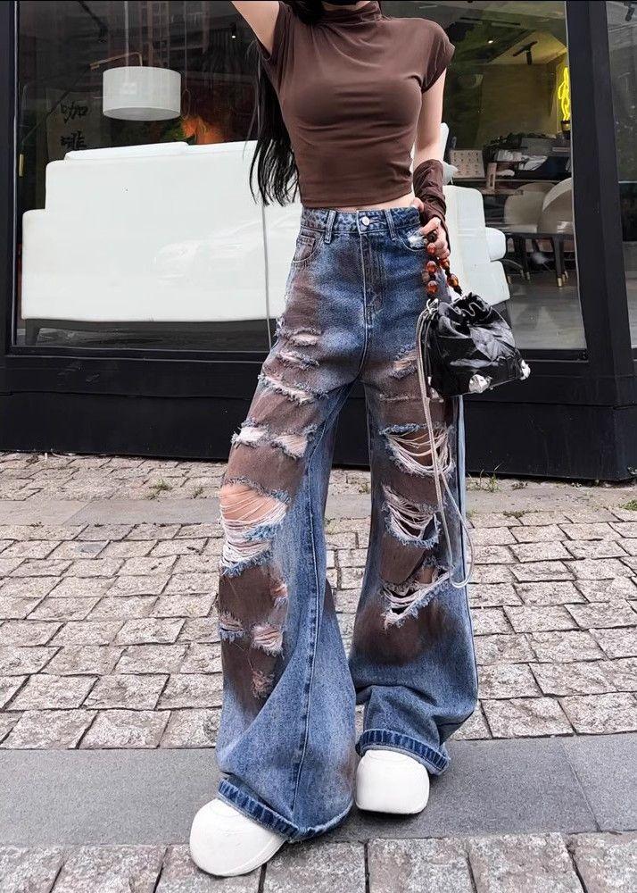 Product Introduction of Retro Tattered Jeans Jeans Women's Summer Thin New Tie-Dyed Slimming High Waist Straight High Street Design Sense Mop Pants 4