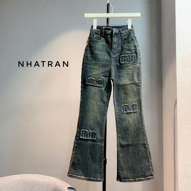 nhatran - Quần jean nữ ống loe thêu may nổi phom ôm chất co dãn denim pants Ong Women MIN0064