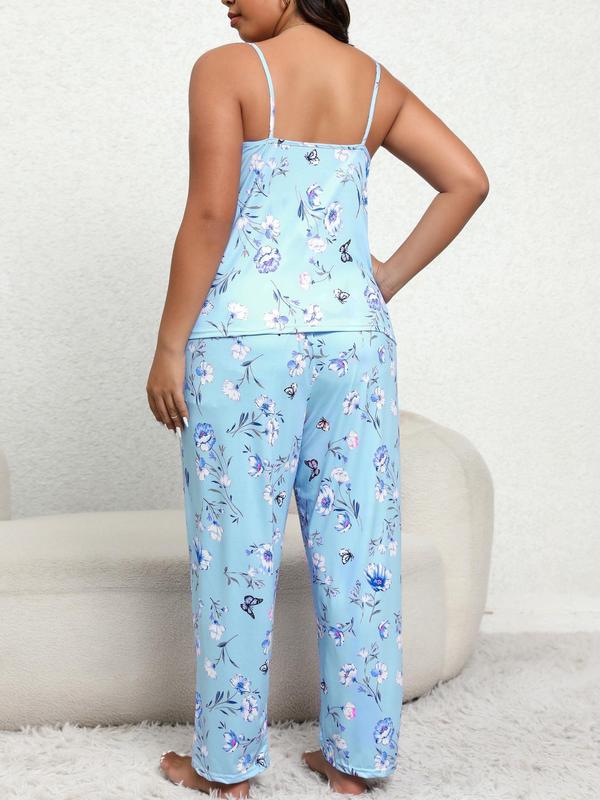 Plus Size Two-piece Set Floral & Butterfly Print Pajamas Set, Casual Cami Top & Elastic Waist Pants, Women's Plus Size Sleepwear for All Seasons 3