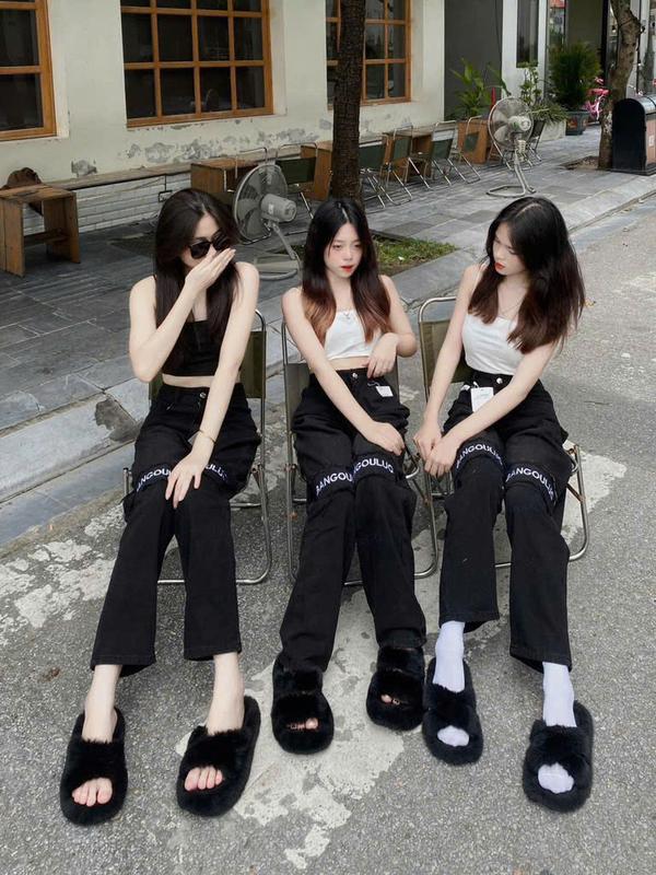 Quần bò jeans ống suông thêu Chữ Gối phối dây tua, quần jeans ống rộng mặc đôi nam nữ [màu đen] 2