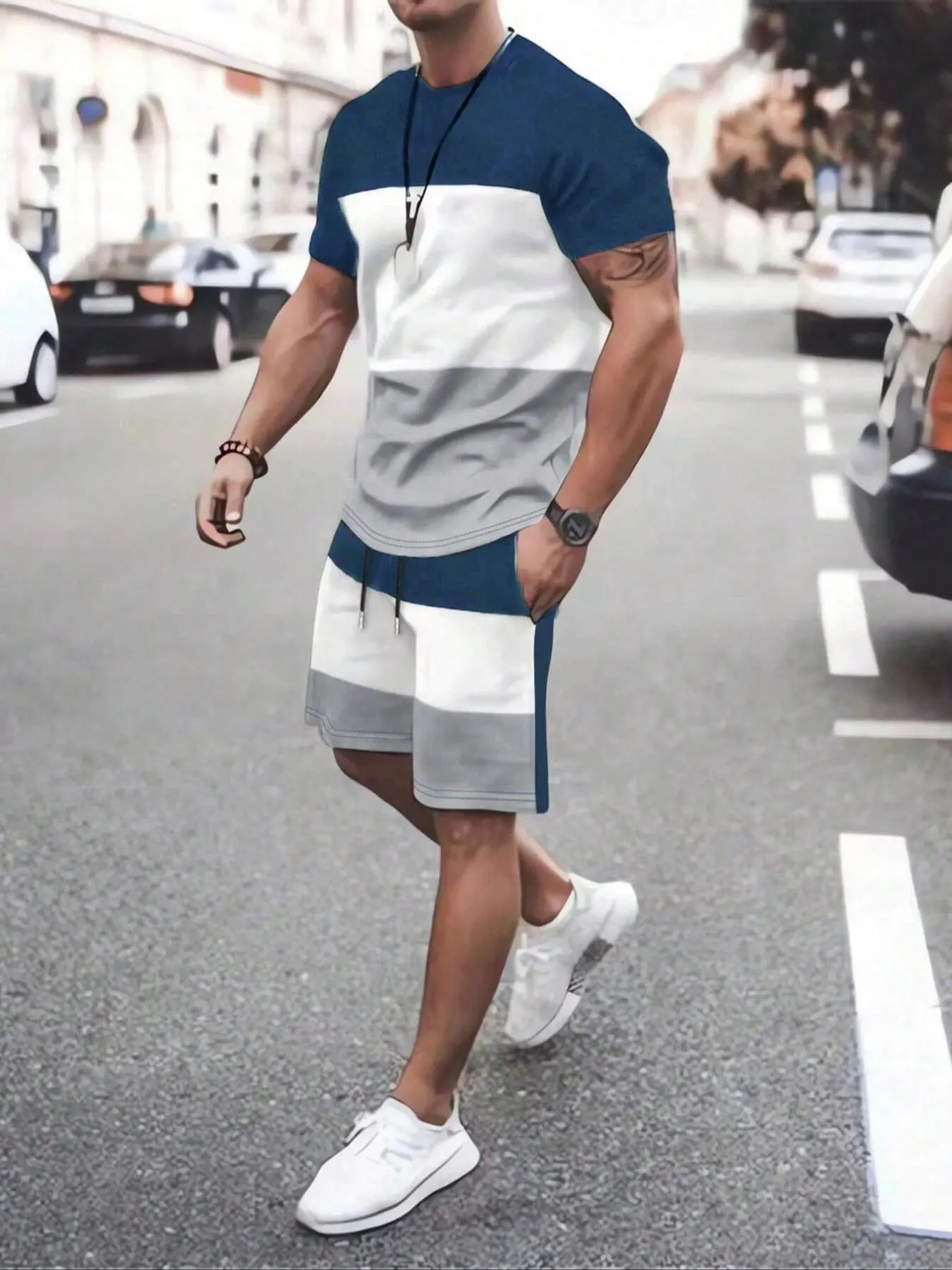 Men's Colorblock Crew Neck Tee & Drawstring Waist Shorts Two-Piece Set, Regular Fit Casual Comfy Short Sleeve Round Neck T-shirt & Pocket Track Shorts, Men's Summer Clothes