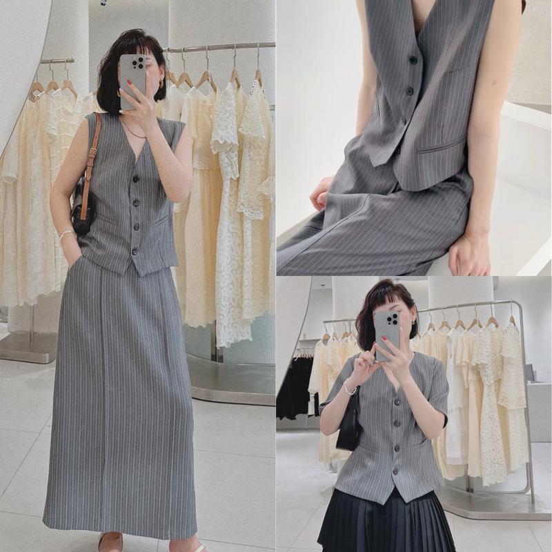 Petbychang - Áo Gile Kẻ Và Chân Váy Midi Dáng Dài ( Có bán tách set )