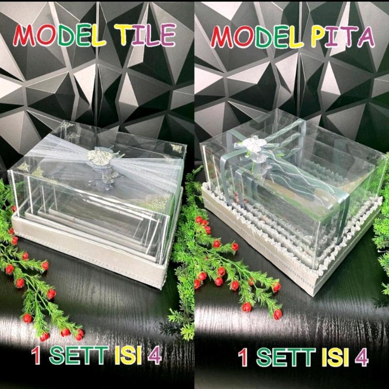 box kotak seserahan hantaran pernikahan mika tile siku 1 set isi 4 PCS foto merah Pita Silver 2