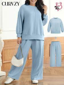 CURVZY Plus Size Solid Long Sleeve Top & Wide Leg Pants Set, Casual Fashion Cozy Two-piece Outfits for Daily Outdoor Wear, Women Clothing for All Seasons