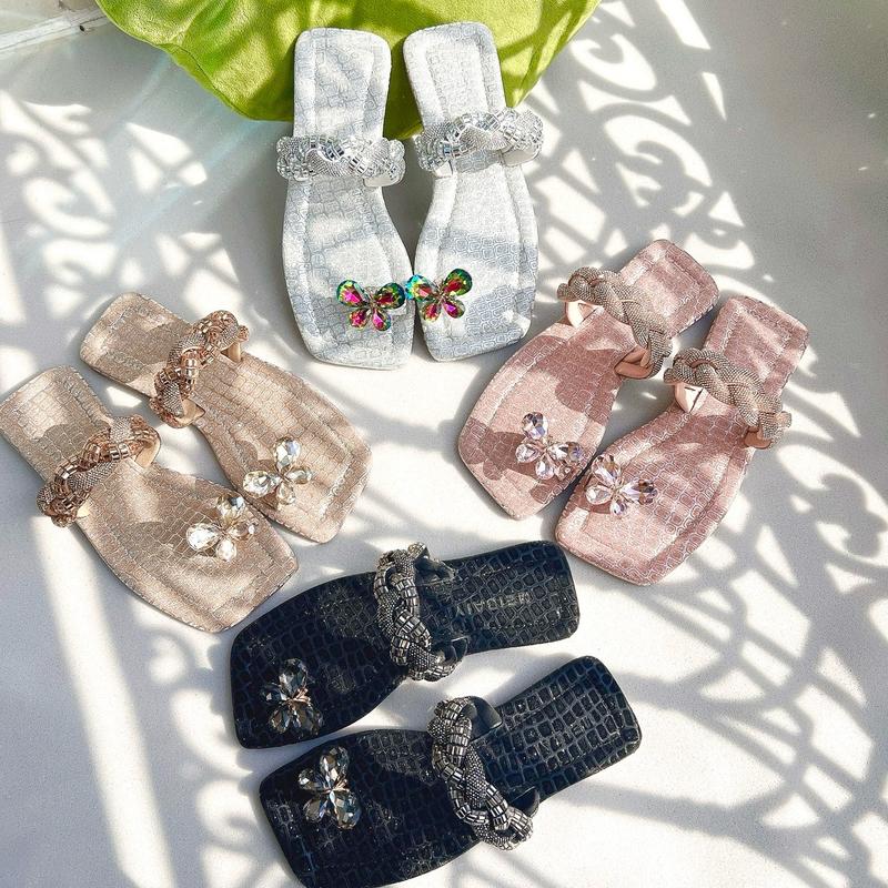 Dép Lê Nữ Mũi Vuông, Dây Bản Thắt Bện Xỏ Ngón Khoá Bứm Hột Đá To Sáng, Đế Chống Trơn Trượt DéP Shoes