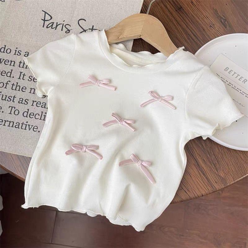 Bloomkids-Áo Thun Ngắn Tay Có Nơ Trắng Cho Bé Gái, Quần Ống Rộng Ren Kẻ Sọc, Bộ Đồ Thoải Mái Cho Bé Gái 1-10 Tuổi, Có Thể Giặt Bằng Máy, Mùa Hè 2