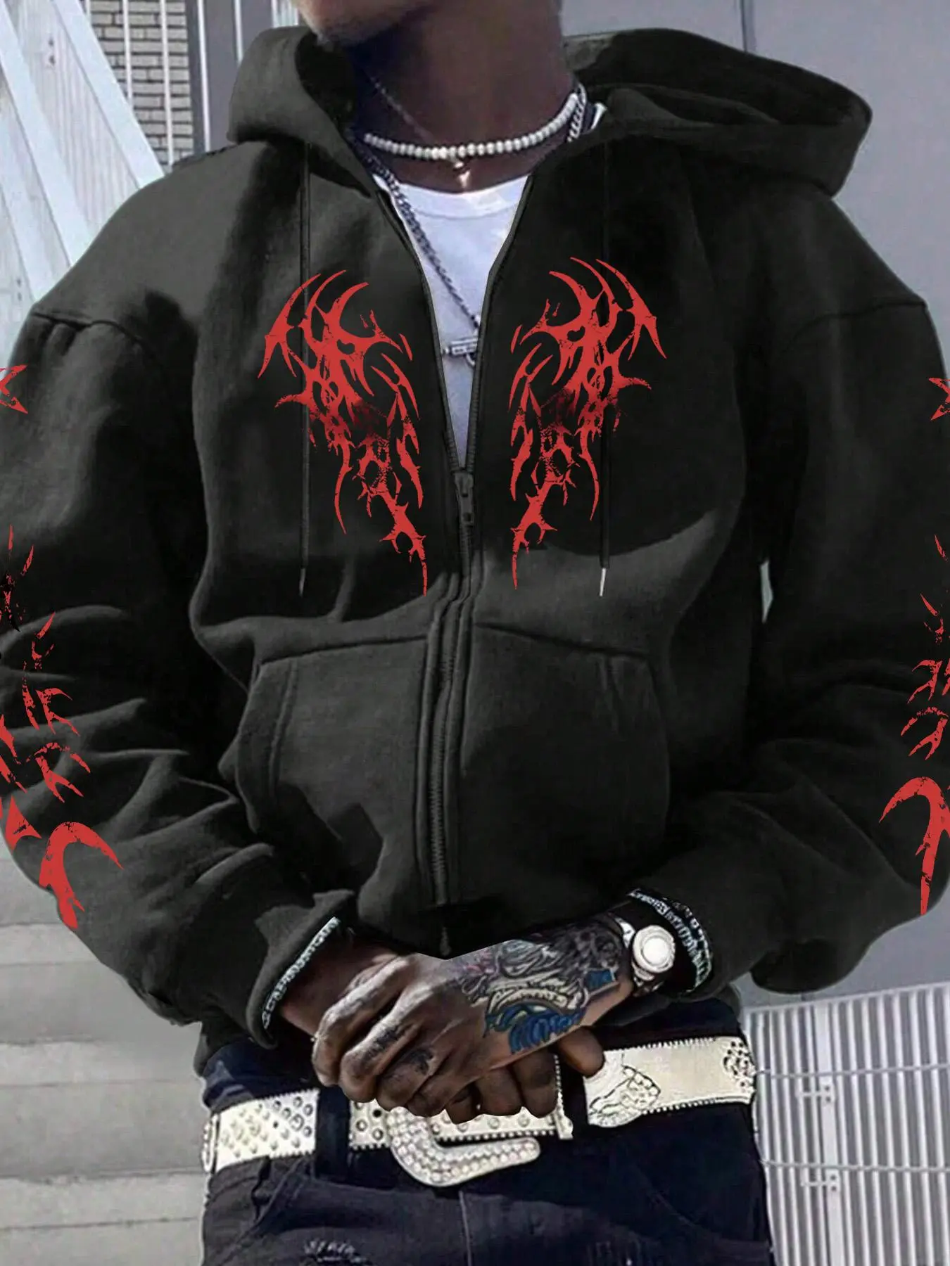 【Plus Size】 Graphic Print Zip Up Hoodie, Street Fashion Long Sleeve Drawstring Pocket Hooded Sweatshirt for Daily Outdoor Wear, Men's Clothes for Fall & Winter