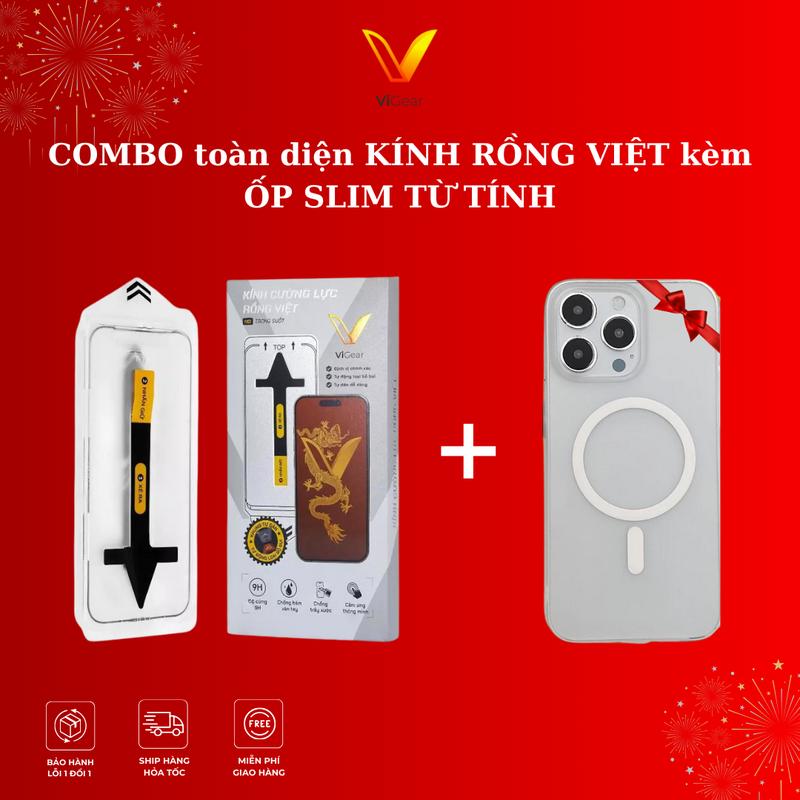 Combo toàn diện kính ViGear rồng việt, ốp nhám SLIM dành cho iPhone từ tính, có khung trợ dán, Phụ Kiện đầy đủ , độ cứng 9H,chống xước cho điện thoại Case siêu mỏng 0.9mm