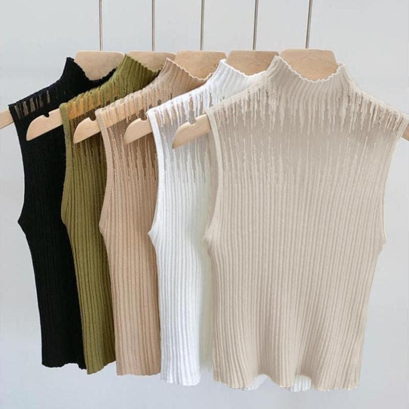 Áo Vest Dệt Kim khoét Cổ Lọ Nửa Phong Cách Hàn Quốc Mùa Hè Dành Cho Nữ Màu Trơn Không Tay Áo Ba Lỗ
