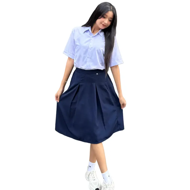 Váy Lụa Học Sinh Cấp 1 2 3 Màu Xanh Đen Có Túi và Lưng Thun Sau Lưng cho Nữ Women - Mẫu Mới Nhất 3