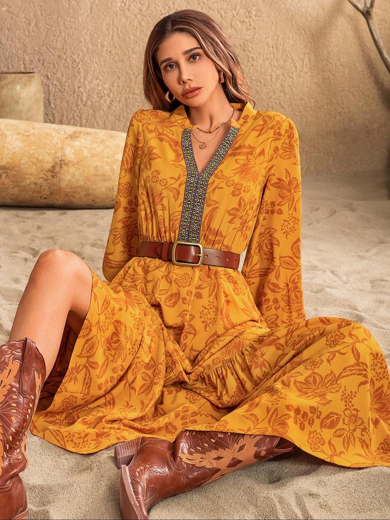 Product Introduction of Women's Floral Print Embroidered Trim Bishop Sleeve Notch Neck A-line Long Dress, Dresses for Women, Boho Spring & Fall Summer, Maxi Dresses for Vacation, Holiday Dresses, Belleza Fits, Womenswear 15