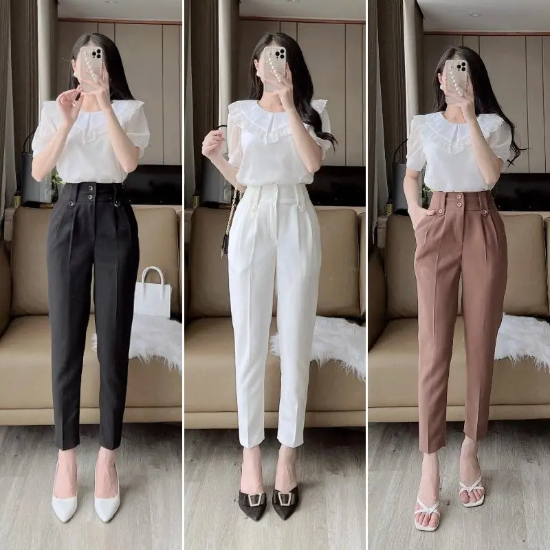 Quần tây nữ lưng cao Xưởng Quần tây 3A dáng baggy cạp cao siêu tôn dáng ống đứng chuẩn đẹp khóa trước đen trắng nâu Q79 Pants Ong Women Nhung