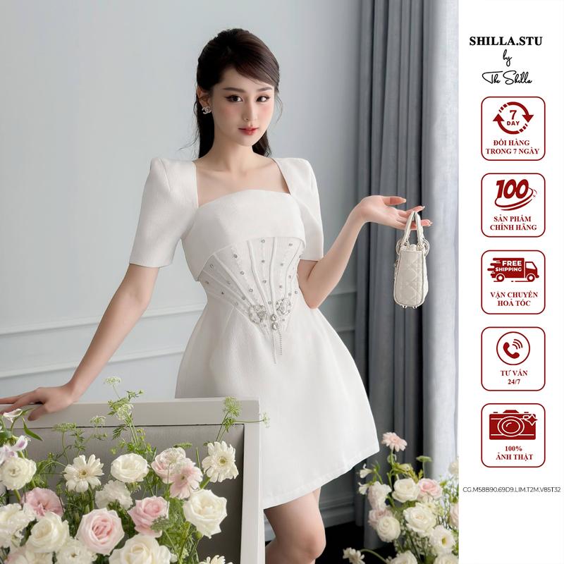 The Shilla - M58B90.69D9 - Đầm thiết kế cao cấp cổ vuông đính kết tôn dáng - Hình chụp thật 100% 0