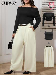 CURVZY Plus Size Three-piece Set Solid Off Shoulder Top & Pocket Wide Leg Pants & Spaghetti Strap Cami Top Set, Casual Fashion for Daily Outdoor Wear, Women's Clothing for Spring & Fall