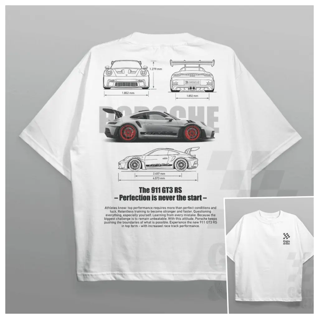 Porsche 911 GT3 RS Gray Blueprint T-Shirt - White Cars and Clo - Regular Fit JDM Menswear Top Lingerie Streetwear Man Round Neck Crewneck Tropical Bestie Casual Short Sleeve