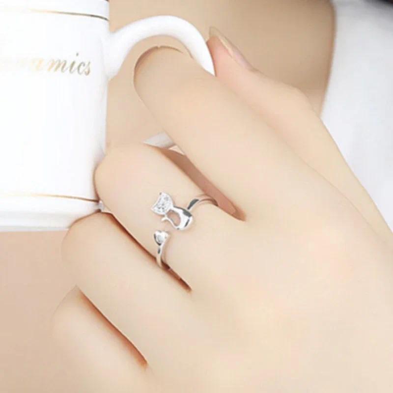 Cute Animal Cat Ring for Women Girls Charm Crystal Zirconia Crystal Inlaid Animal Adjustable Open Rings Party Gifts Jewelry 3