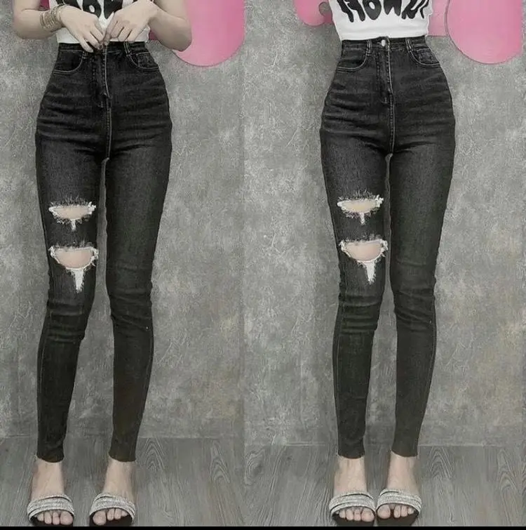 Quần jean màu khói rách 2 lỗ , co giãn bốn chiều, phong cách trẻ trung, cá tính, siêu hách dáng Pants Nữ Women 0