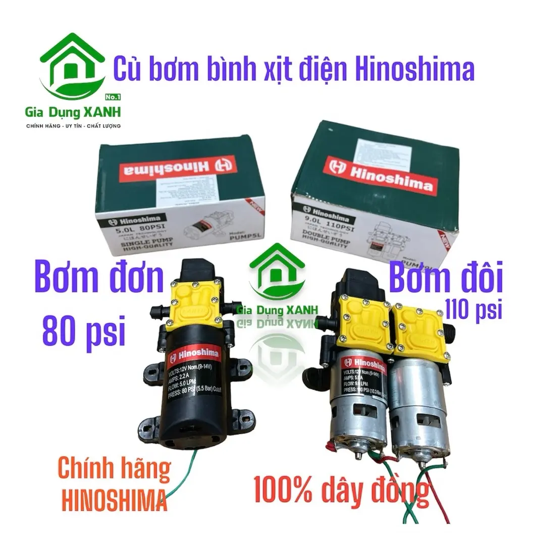 Bộ bơm Hinoshima bơm đơn - bơm đôi, bơm đơn 80psi, bơm đôi 110 psi, dây đồng 100%, nguồn 12V, lắp bình xịt điện, lắp phun sương. bommini