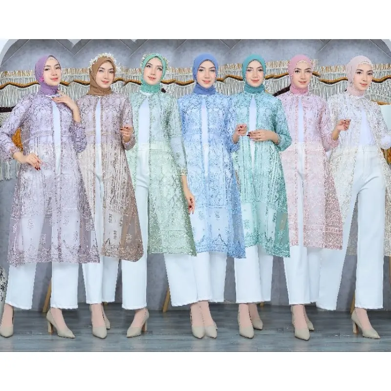Long Outer  Burkat Tile Motif Etnik Cardigan Baju Wanita Kondangan Atasan Tunik Remaja Muslim