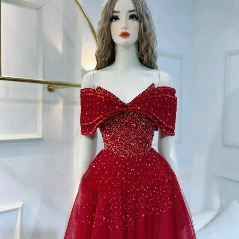 ĐẦM CÔ DÂU XOÈ TRỄ VAI KẾT 33SK Nữ Kem Women Dress Kim Tuyến Đỏ 2