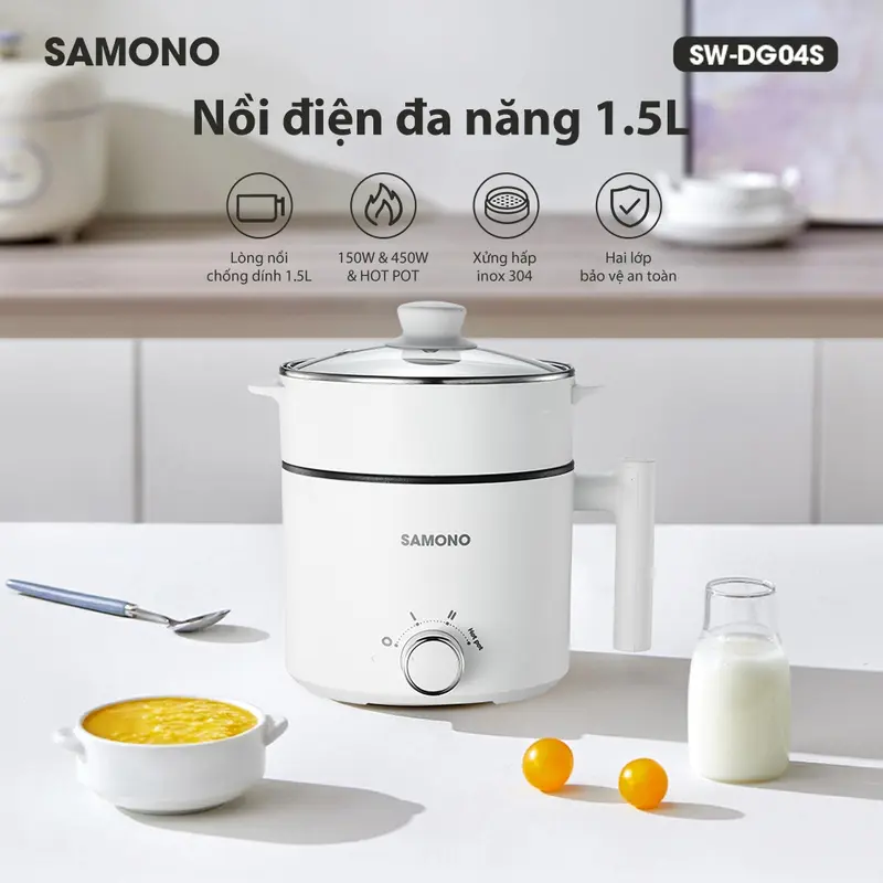 ( BH 1 năm) Samono Nồi Điện Đa Năng Hotpot 1,5L Kèm Xửng Hấp và Nắp Kính 150 Watt SW-DG04S Lòng hấp Inox 2