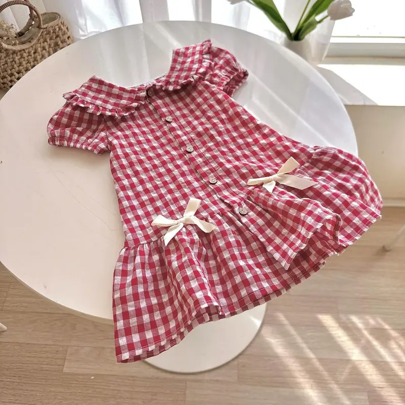 [Pinkids] [8-26kg] [1-6 tuổi] Váy Bé Gái Cổ Sen Dáng A Đuôi Cá Caro đỏ Cổ Nhọn Xinh Yêu Cho Bé Mặc Đi Học, Đi Chơi,.... 2